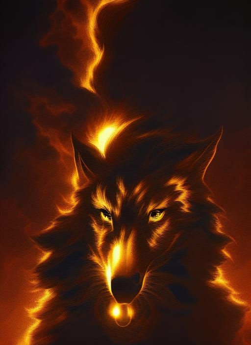 Glowing Amber Wolf Head Digital Artwork