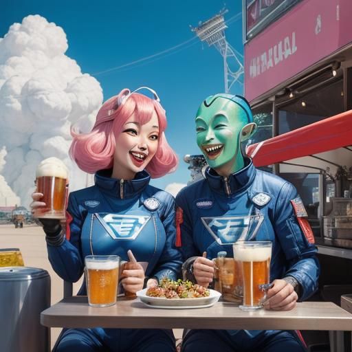 Laughing Alien Travelers at a Futuristic Food Truck