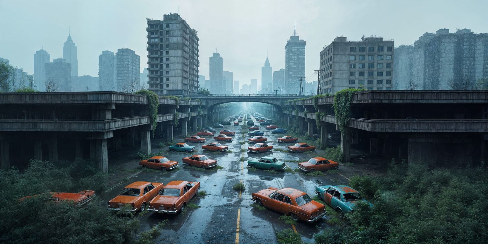 Post-Apocalyptic Cityscape with Overgrown Abandoned Cars