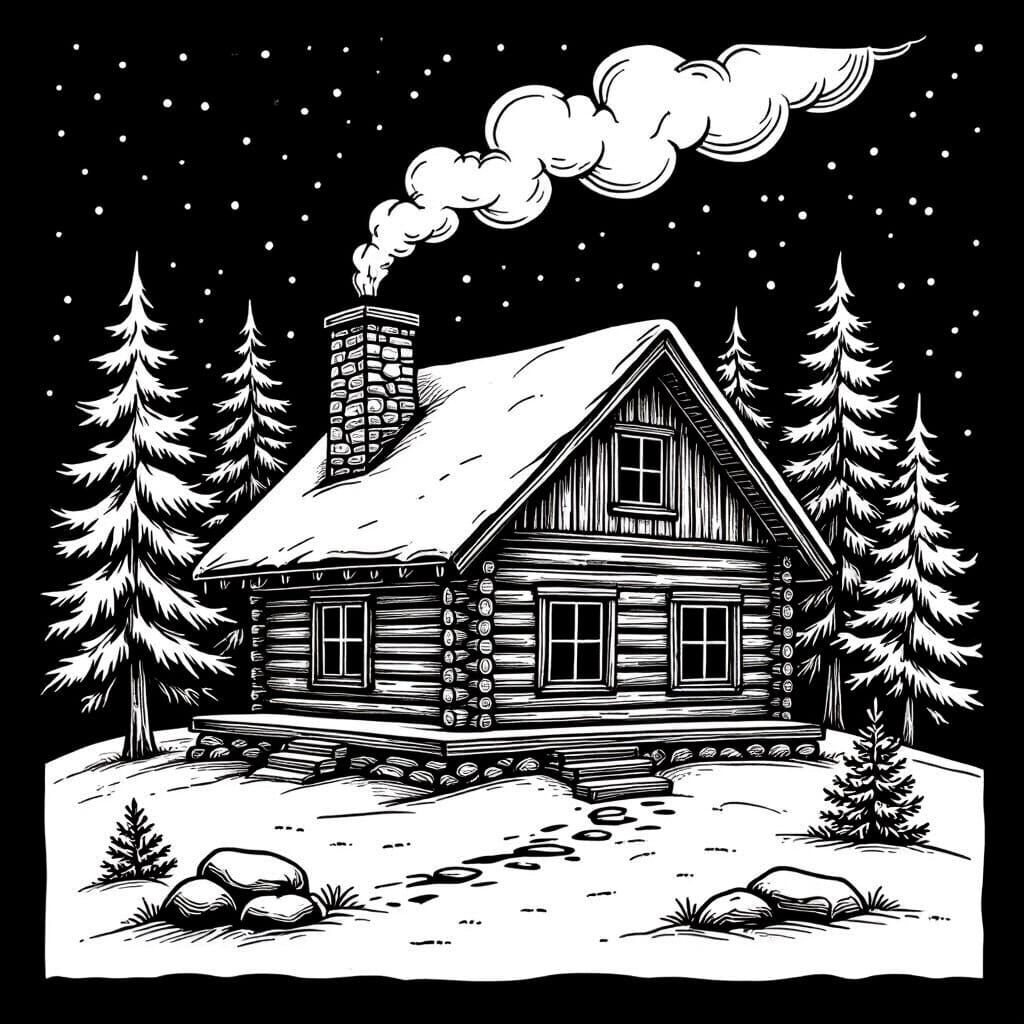 Black and White Line Art Log Cabin in Snowy Forest