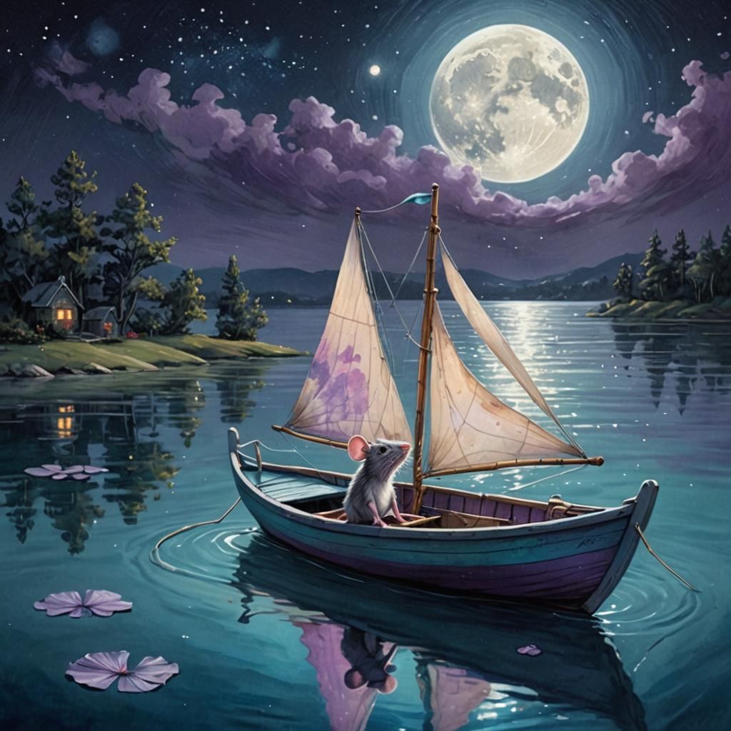 A mouse sailing under the moonlight. detailed matte painting, deep color, fantastical, intricate detail, splash screen, ...