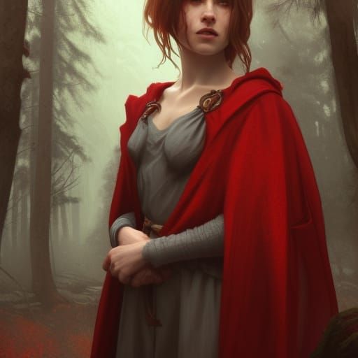 Girl in Red Cloak Portrait in Digital Art Style