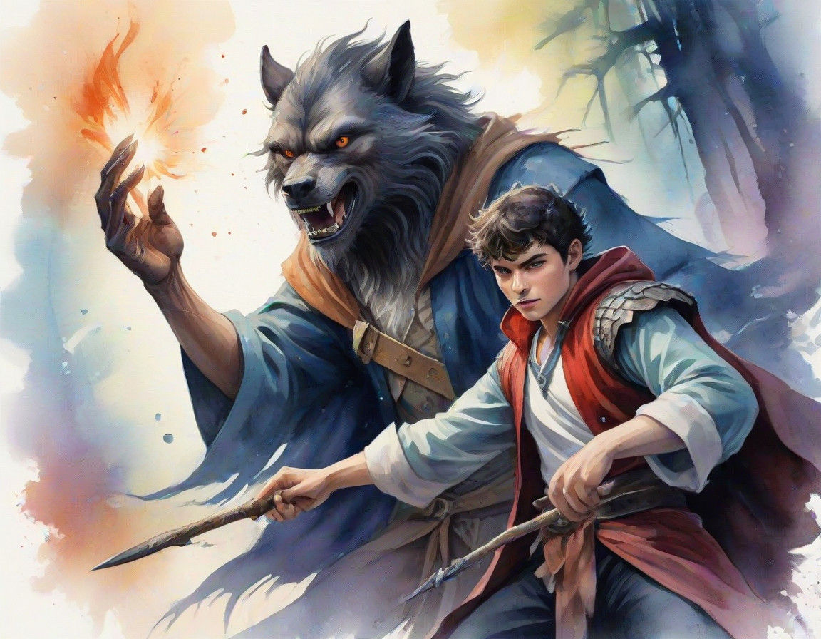 Sorcerer Battles Werewolf in Vibrant Watercolor
