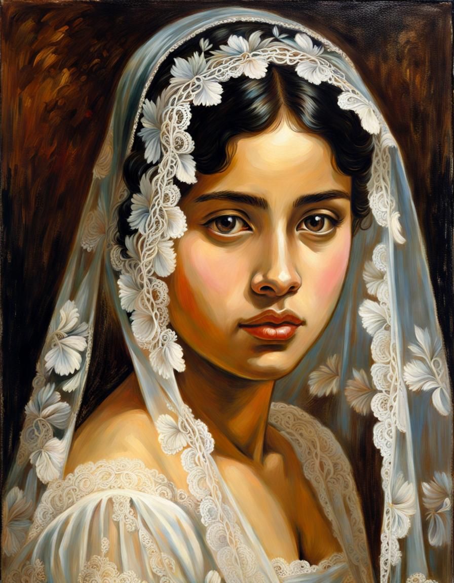 Indonesian Woman in Lace: A Pre-Raphaelite Portrait