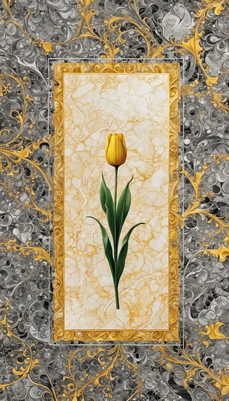 Yellow Tulip on Abstract Marble Fractal Artwork