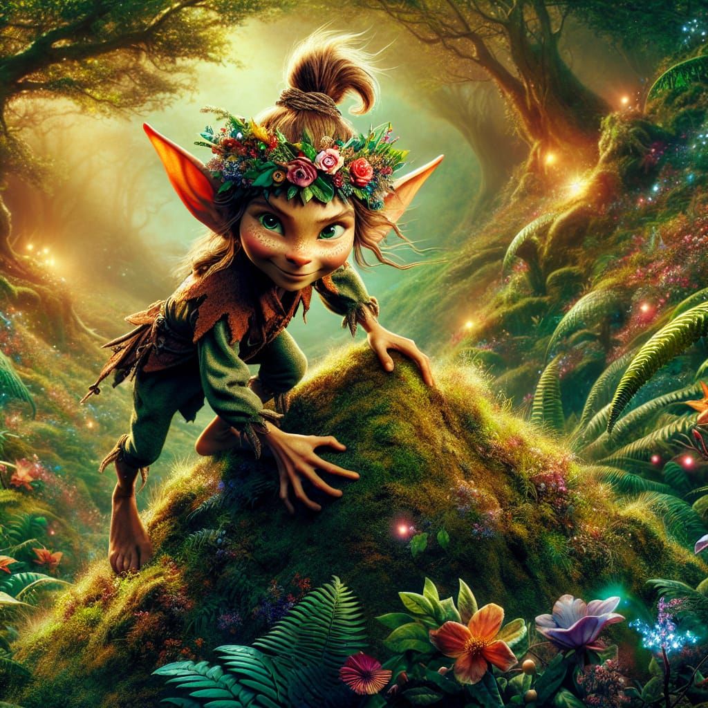 A cute and adorable elf in Disney Pixar style 3D with long hair up in a bun and pointy ears. The elf is wearing a colorf...