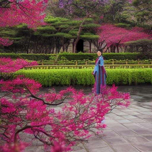 East Asian Woman in Hanfu in Classical Chinese Garden