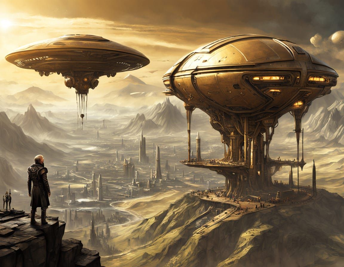 Steampunk Cyborg Overlooks Futuristic City with Zeppelin