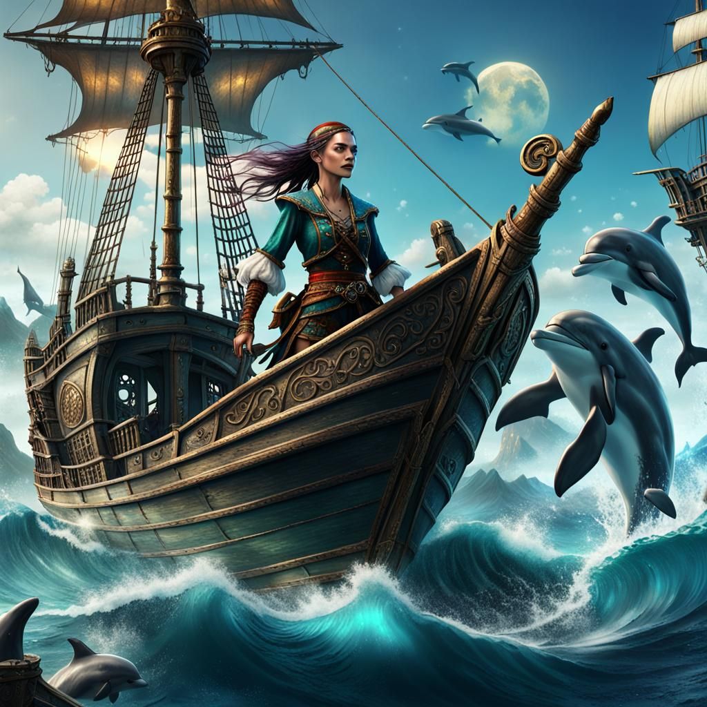Elven Pirate Captain on Dolphin Sea, Digital Art