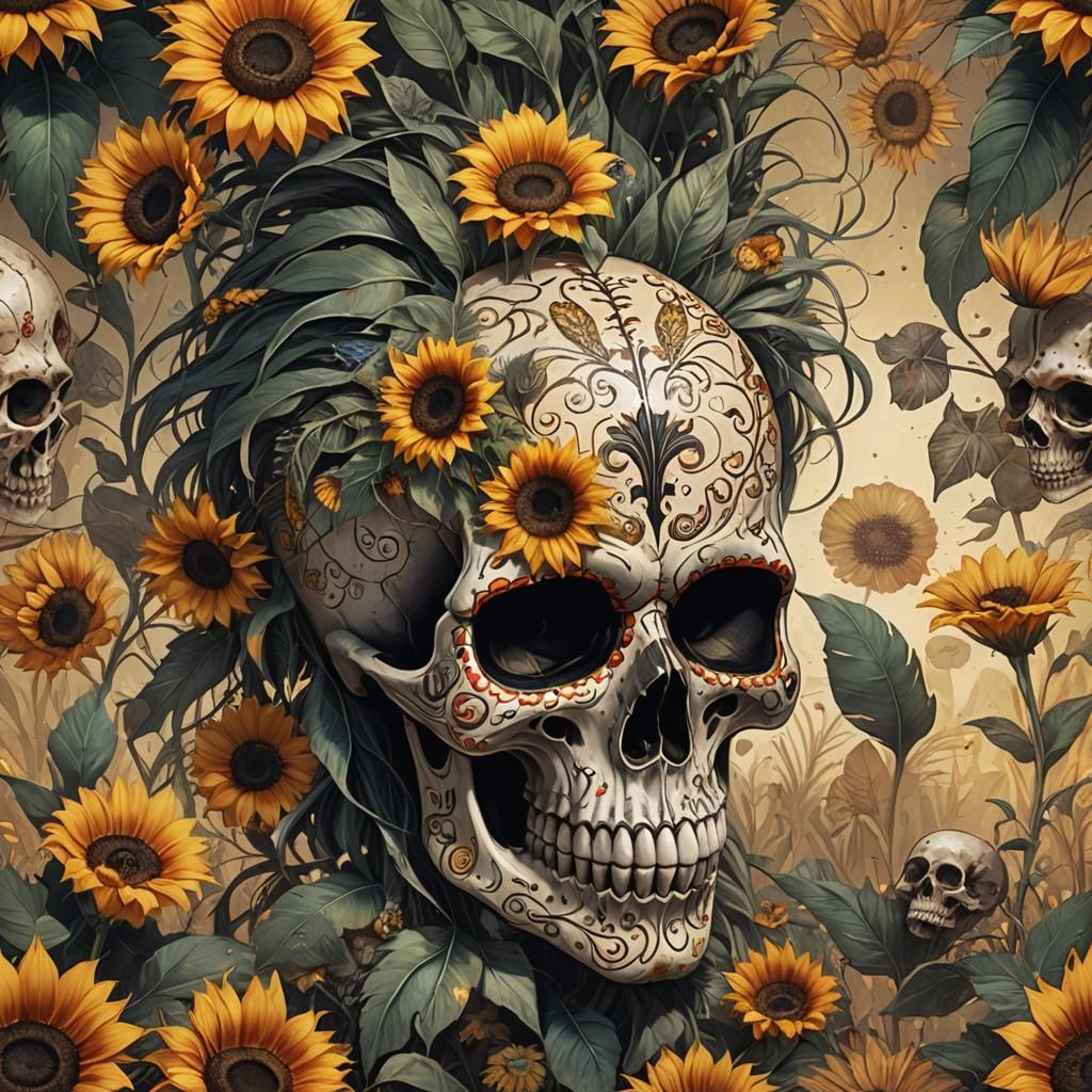 Intricate Sugar Skull with Floral Accents