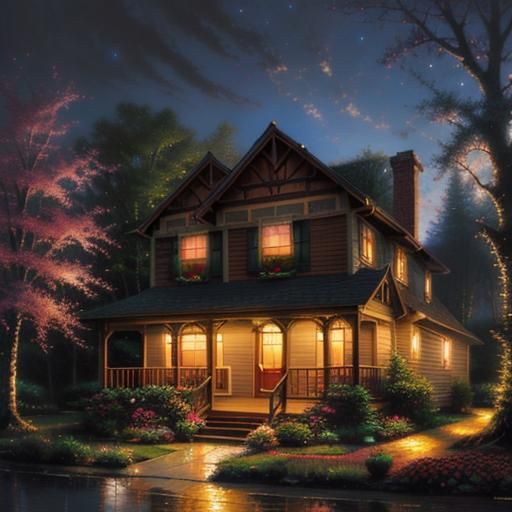 Idyllic Landscape with Cottage and Flowers