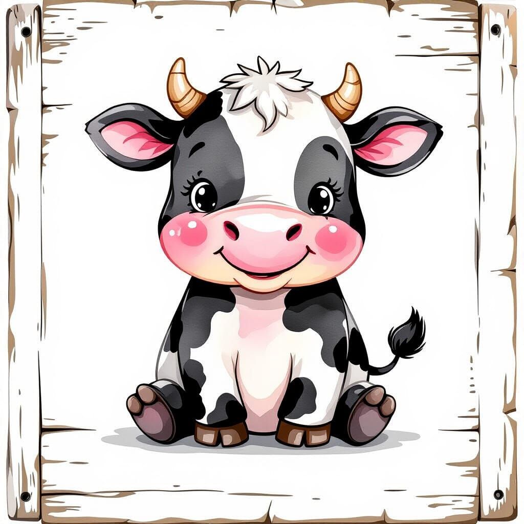 Cute Watercolor Cartoon Cow Sitting on Wooden Plank