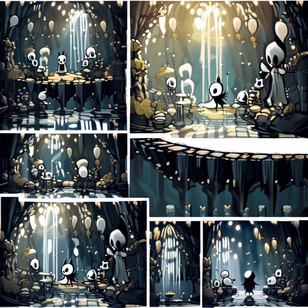 Hollow knight is standing in a tunnel made of mirrors, magic...
