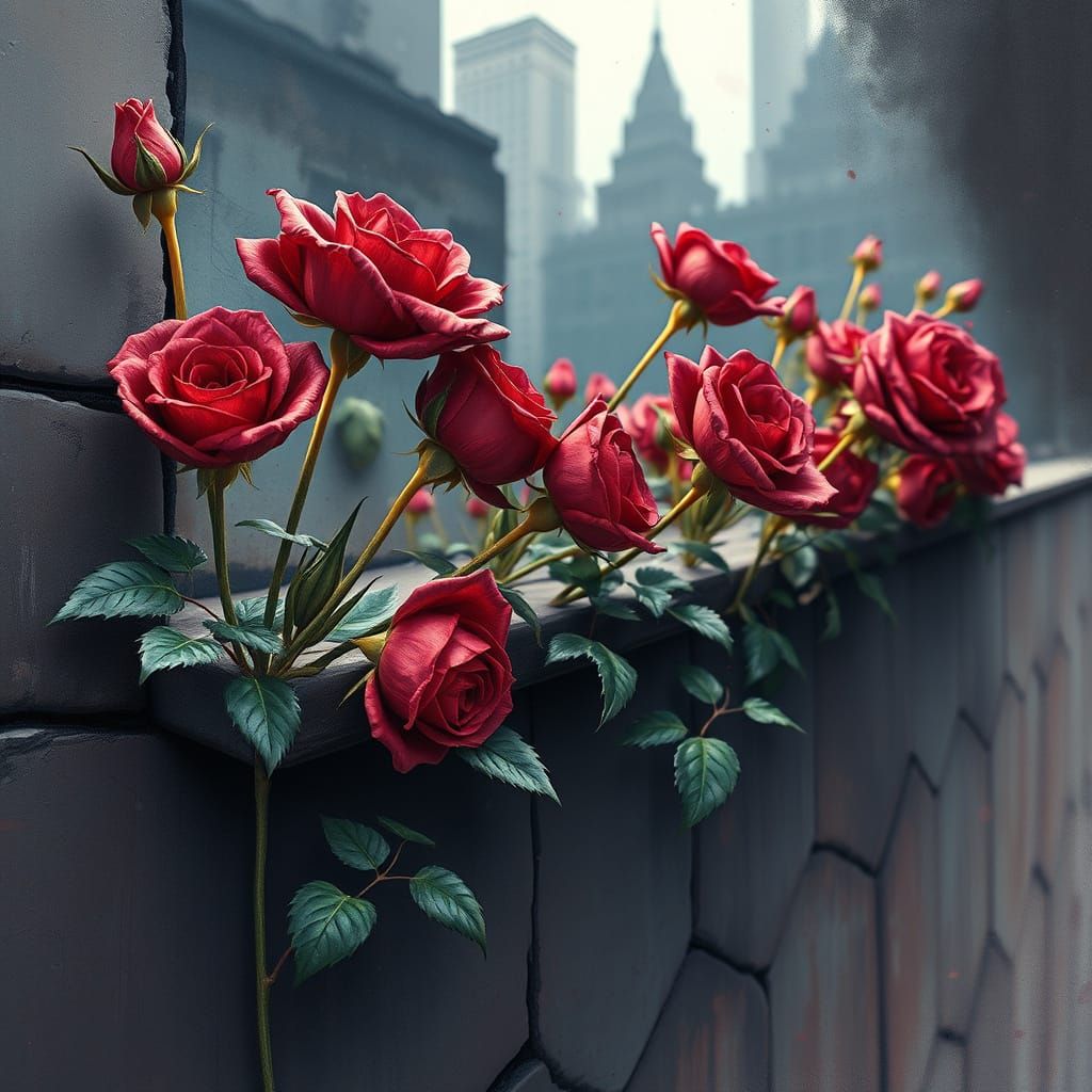 Burgundy Roses Bloom in Dark City, Watercolor Style