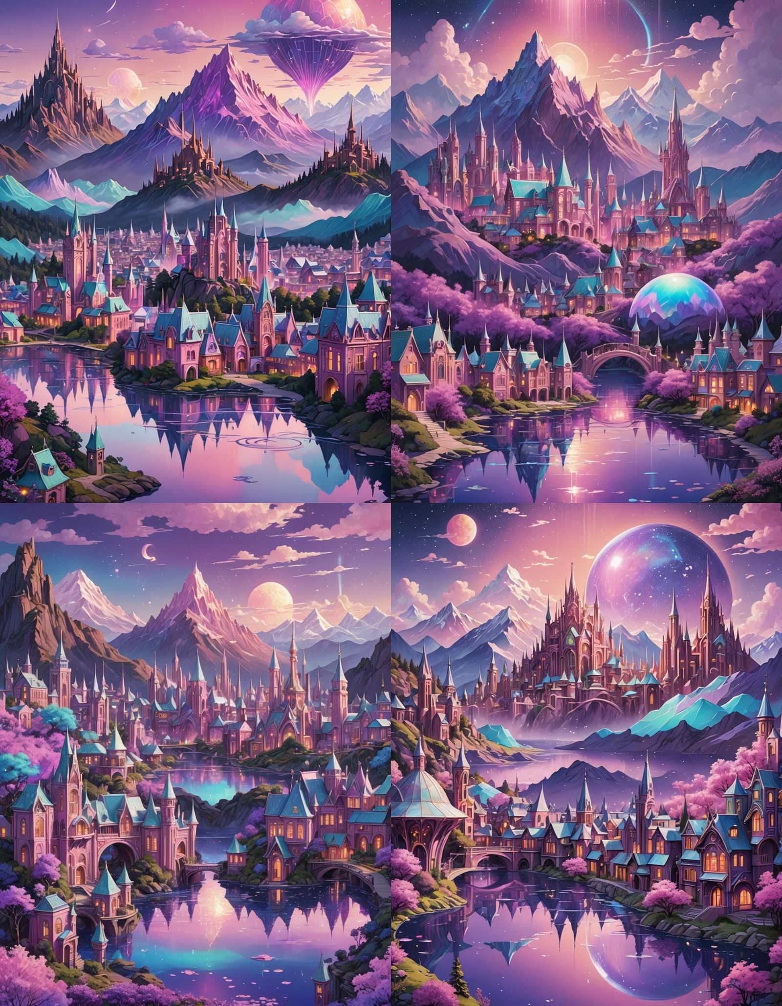 Holographic Kawaii City on Iridescent Lake