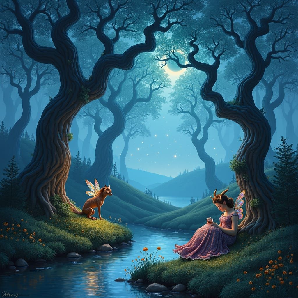 Enchanted Forest Scene with Mythical Creatures