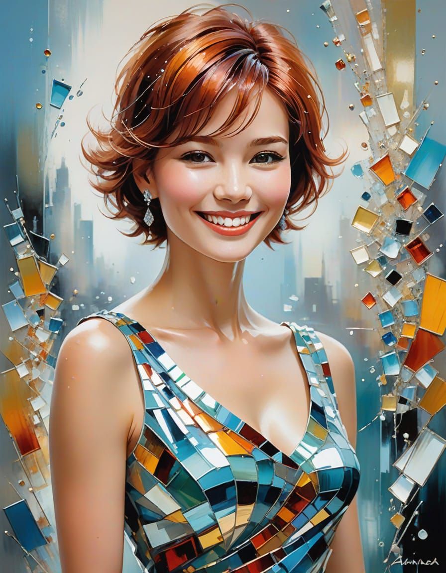 Smiling Woman in Shimmering Glass Dress