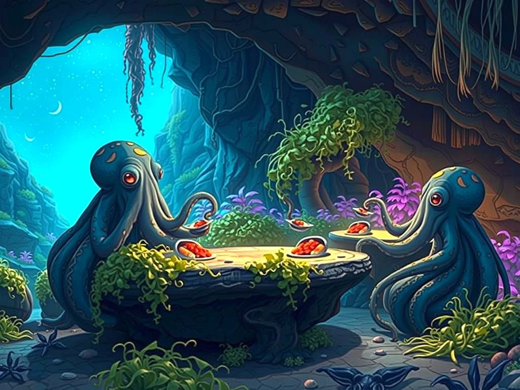 Octopus People Feast in Bioluminescent Garden