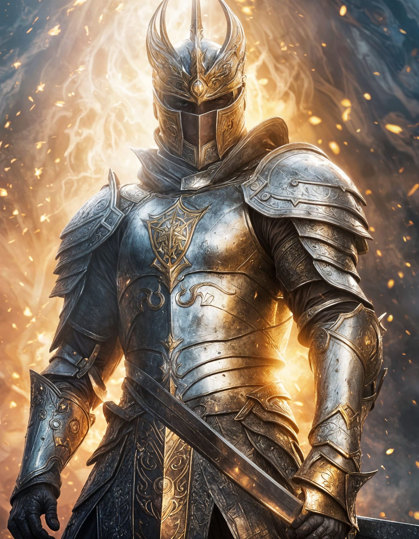 A brave hero in shining silver armor, standing triumphant amidst a magical battlefield, radiant sword raised high, glowi...