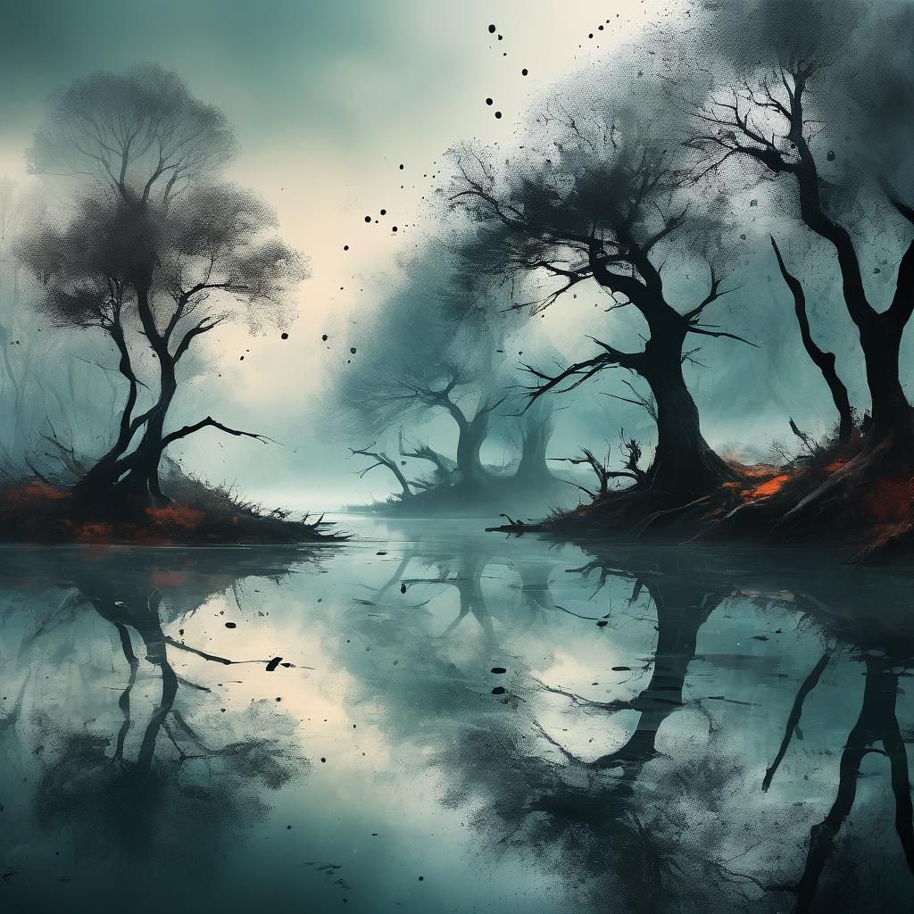 Misty Lake Surrounded by Twisted Trees as Ink Art