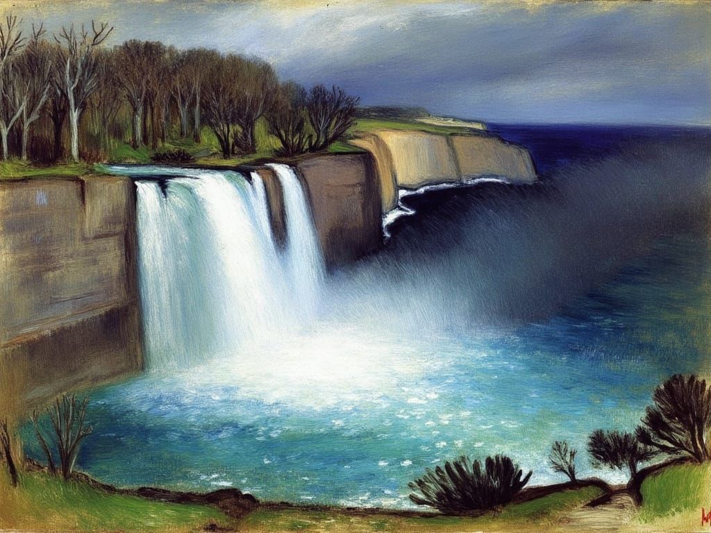 Claude Monet-Inspired Waterfall Painting in Stormlight
