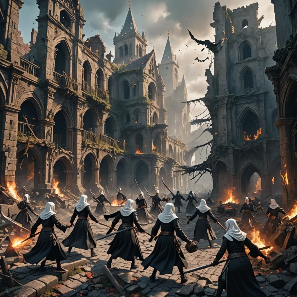 Battle Nuns Versus Witches in City Ruins