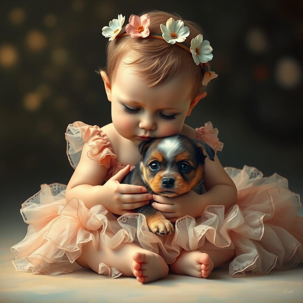 Cherubic Girl Surrounded by Opulent Tulle and Flowers in Oil...