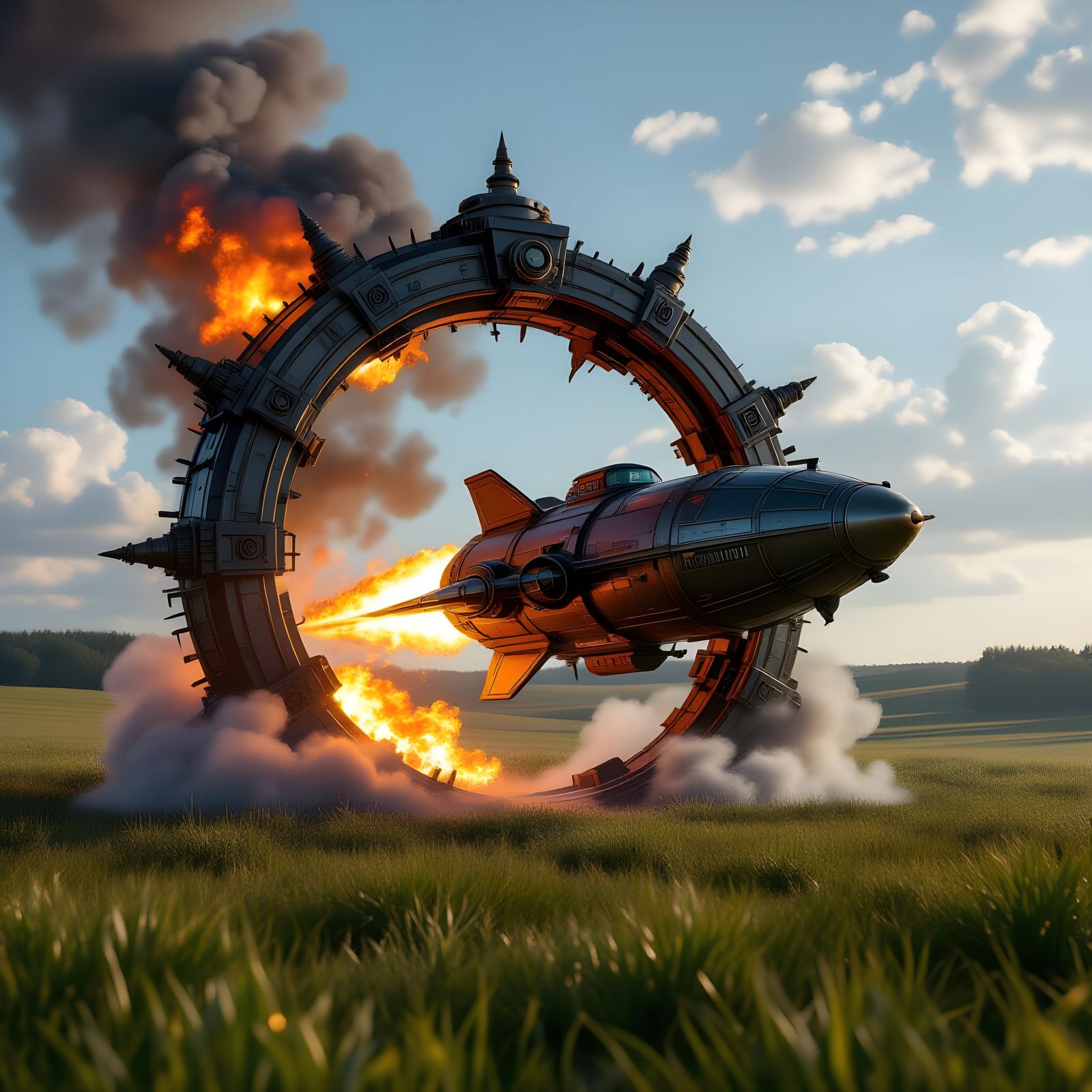 Steampunk Spacecraft Exiting Fire Portal on Plain