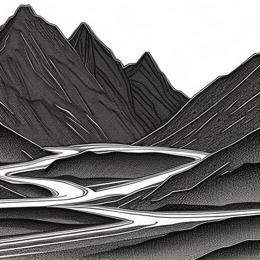 Jagged Mountain Peaks in Fine Line Art Style