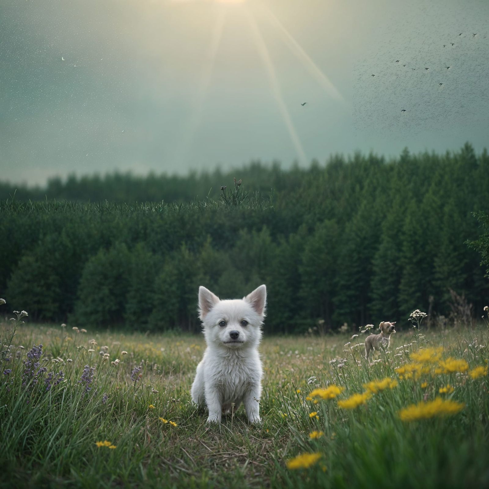 Golden Hour Masterpiece: Tiny Dog Amidst Nature's Splendor