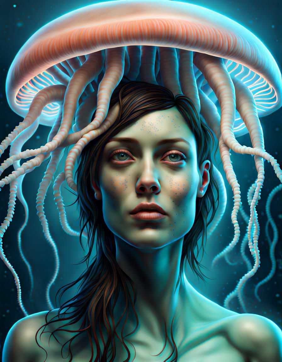 Mucous bald woman combined hybrid with spore jellyfish biolu...
