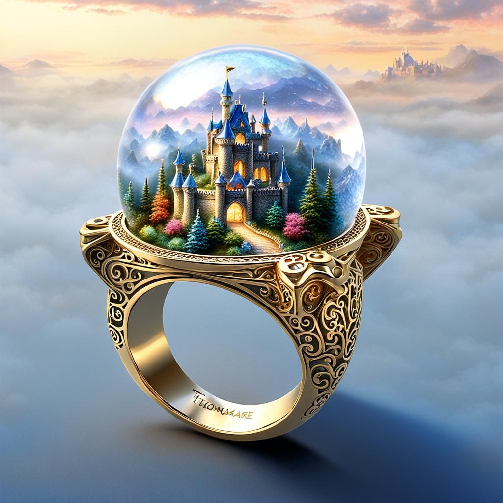 Hyperrealistic Castle Ring: Ethereal 3D Fantasy