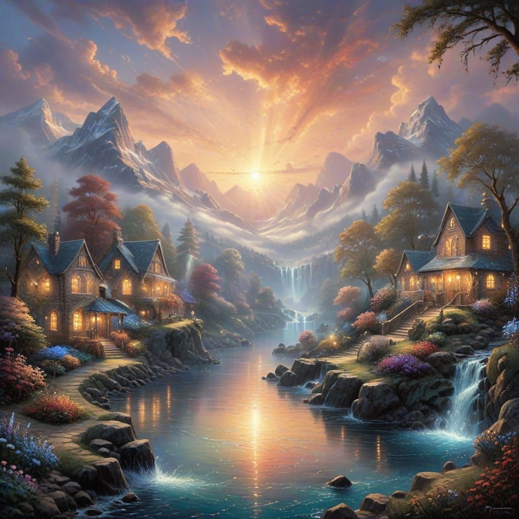 Ethereal Crystal Sunset with Water Splashes