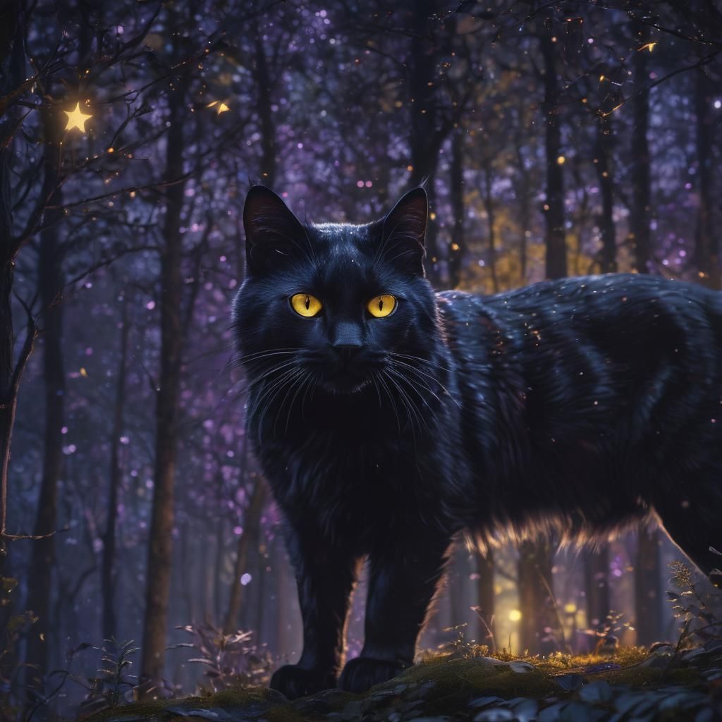 Giant Black Cat Gazing at Starry Night Sky