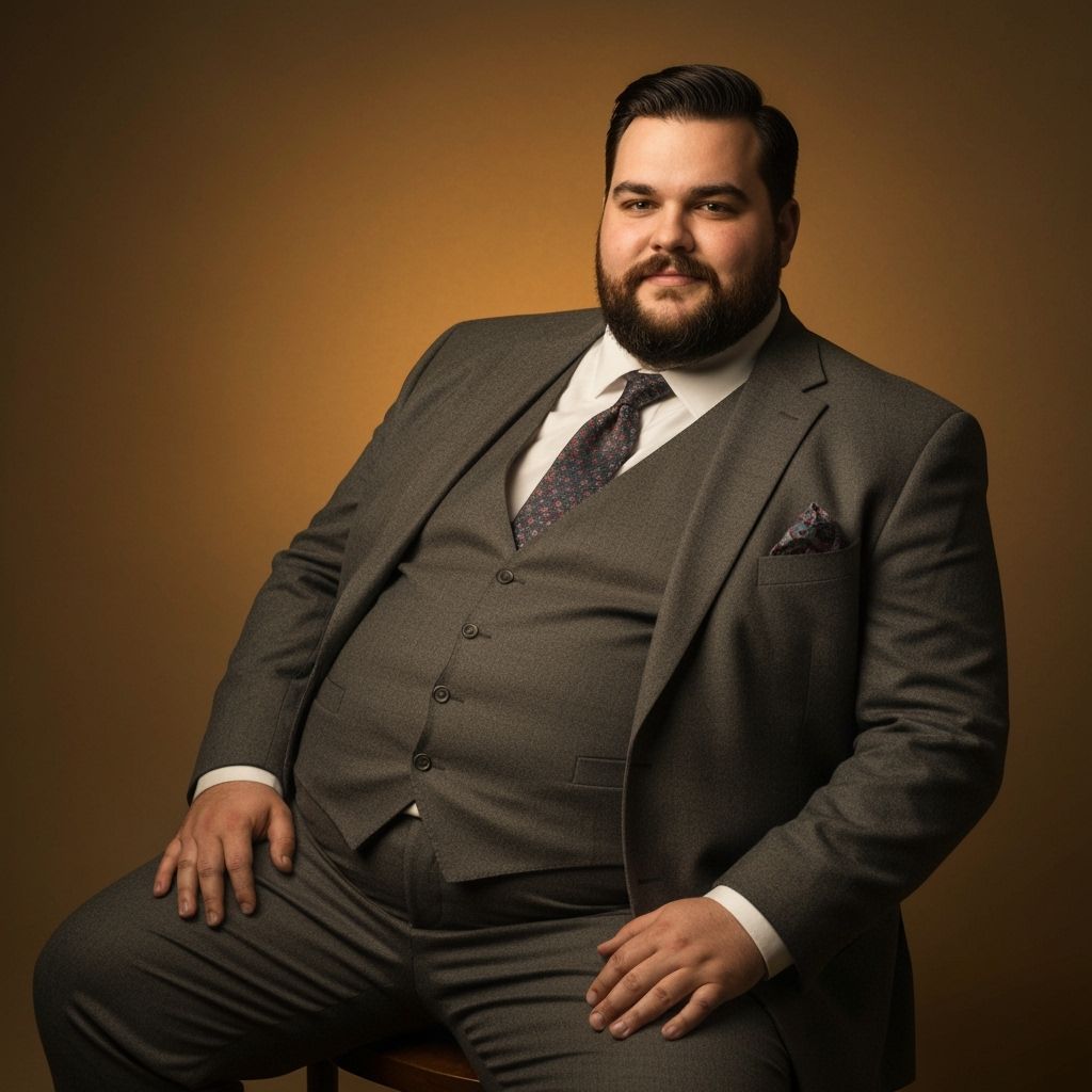 Confident Man in Suit with Large Belly