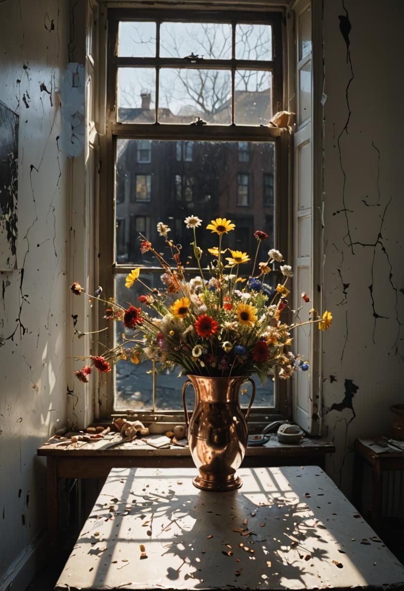 Copper Bucket of Flowers: Hyperrealistic Painting