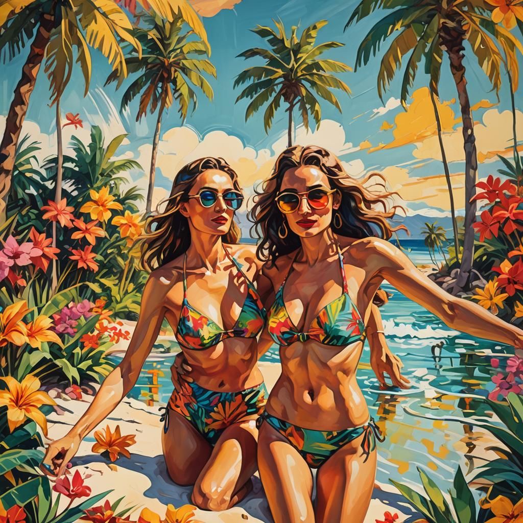 Tropical Beach Scene with Girls in Bikinis, Fauvism Art