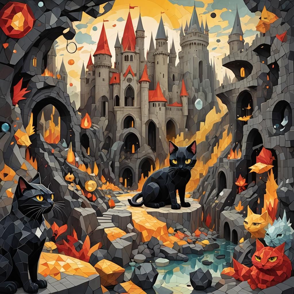 Surreal Cat in Cubist Castle with Dragons