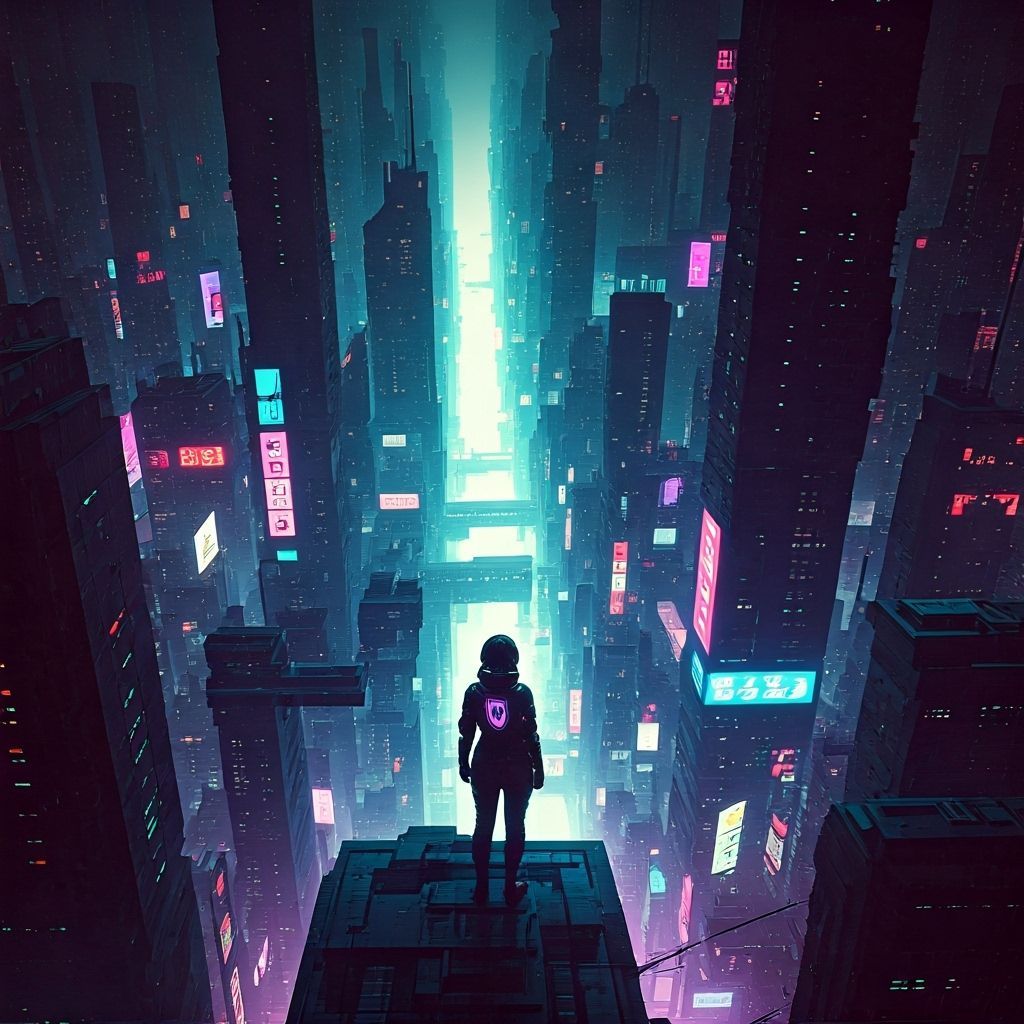 Cyberpunk Woman Overlooking Neon Cityscape