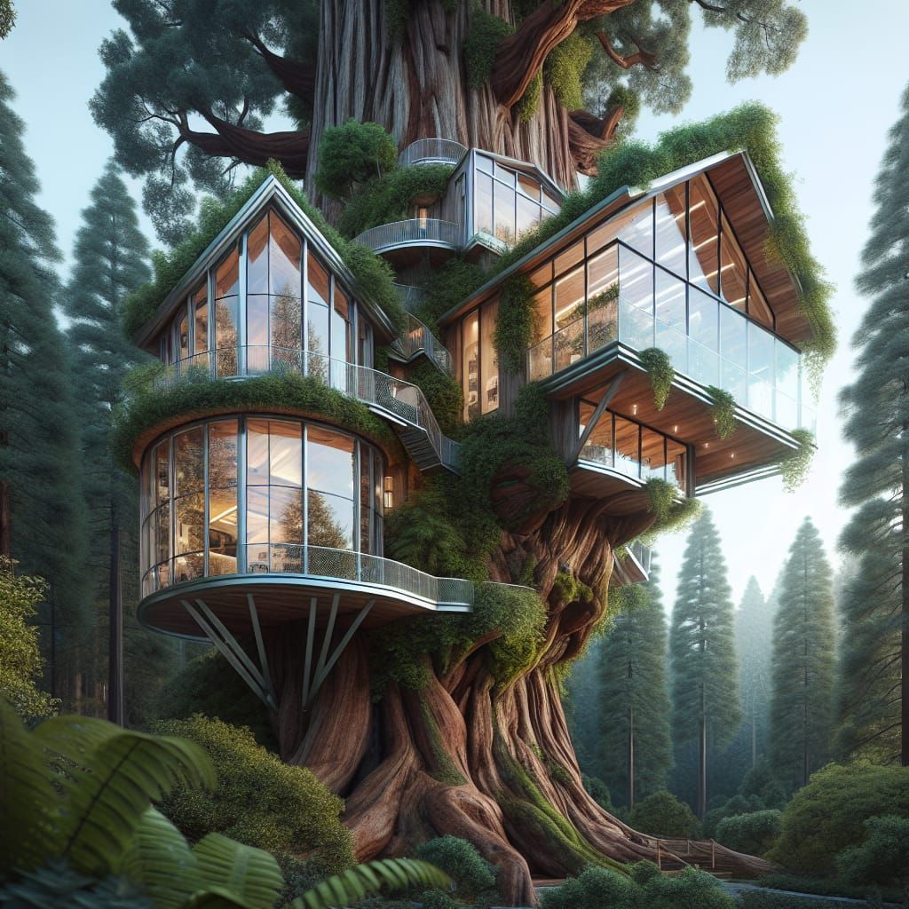 Naturally Grown Treehouse with Modern Glass Windows
