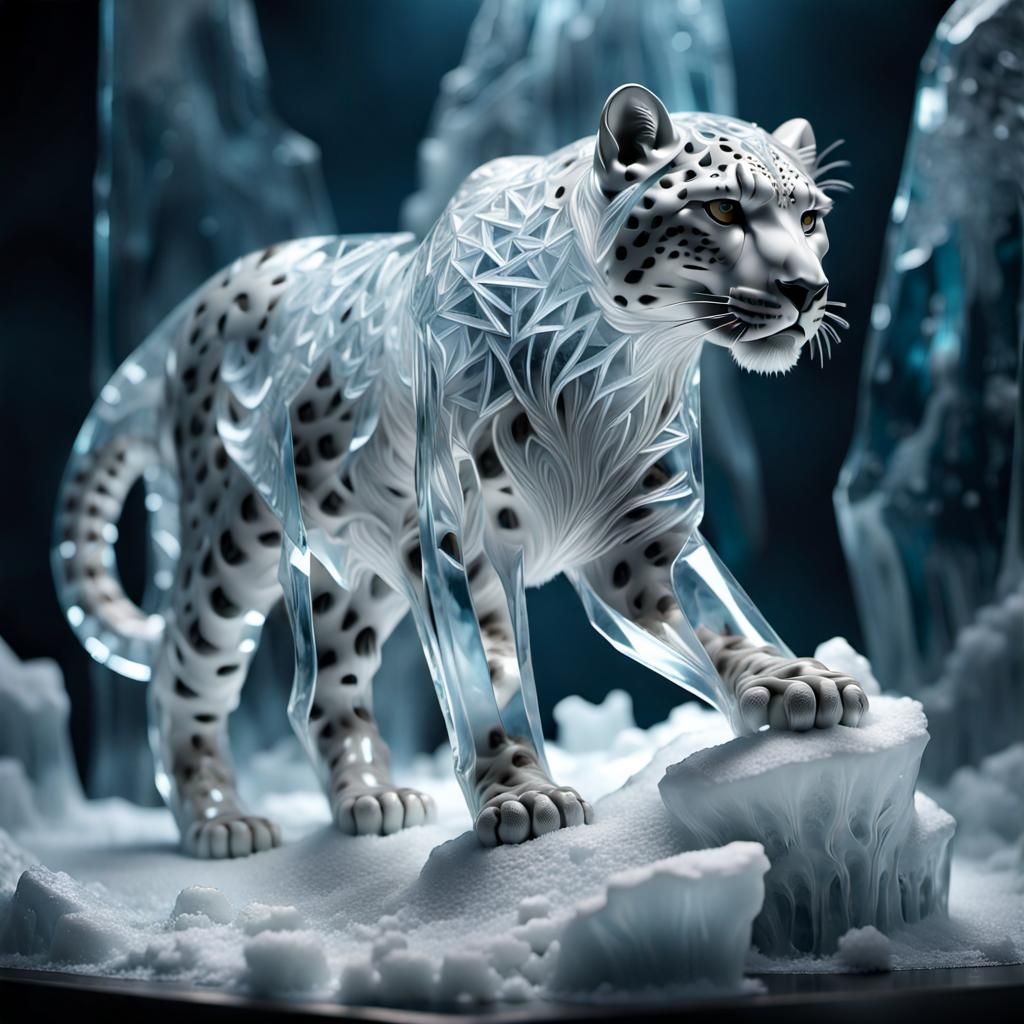 Amazing shot of transparent Ice sculpture snow leopard by Hasselblad X2D 100C, insanely detailed render of snow winter w...