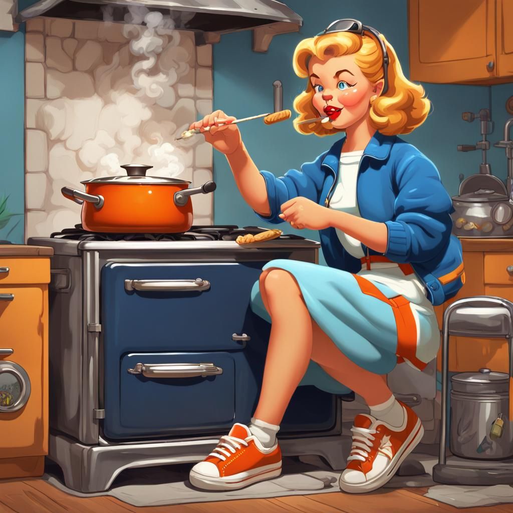 Retro Pinup Girl with Cartoon Tiger Cub