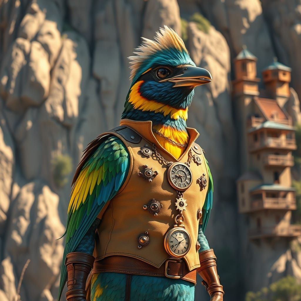 Steampunk Birdfolk Standing Proud in Iridescent Plumage