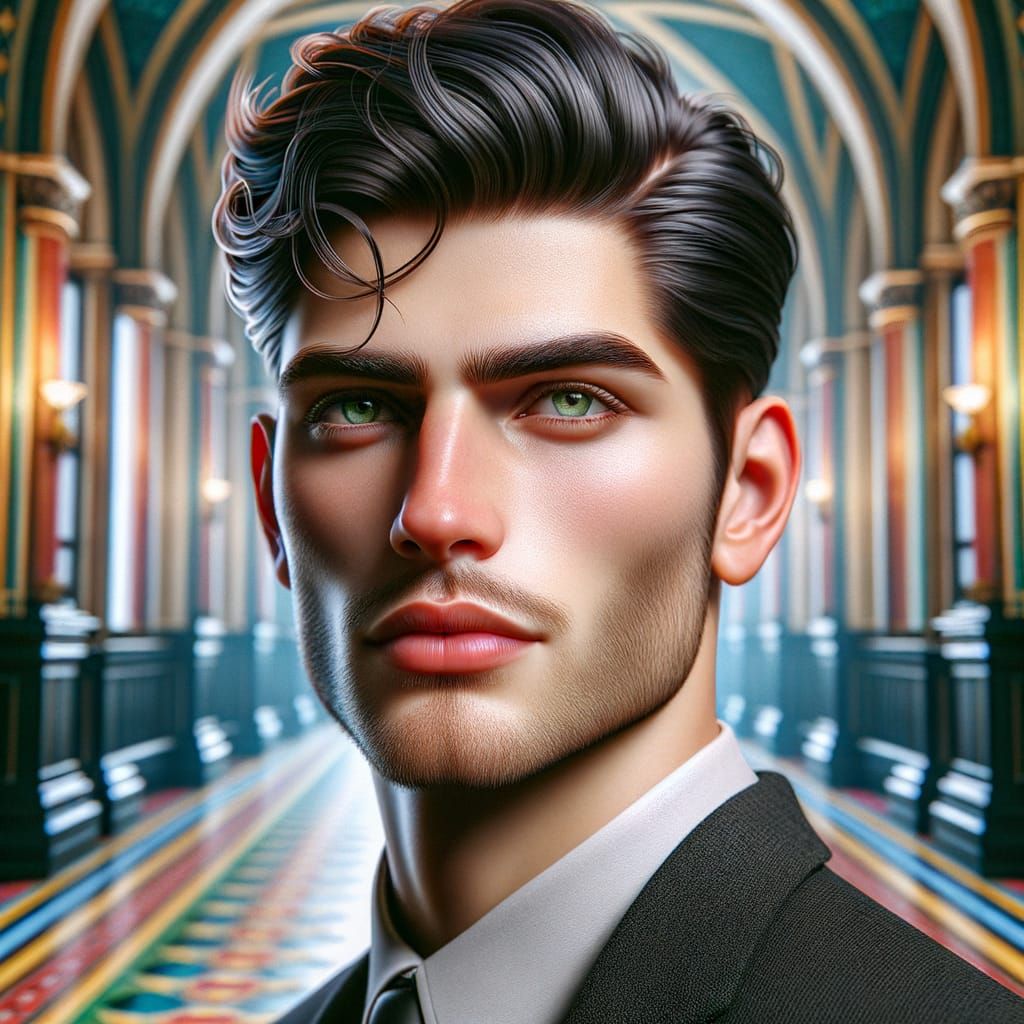 Handsome Young Man in Academy Hallway - Concept Art Style