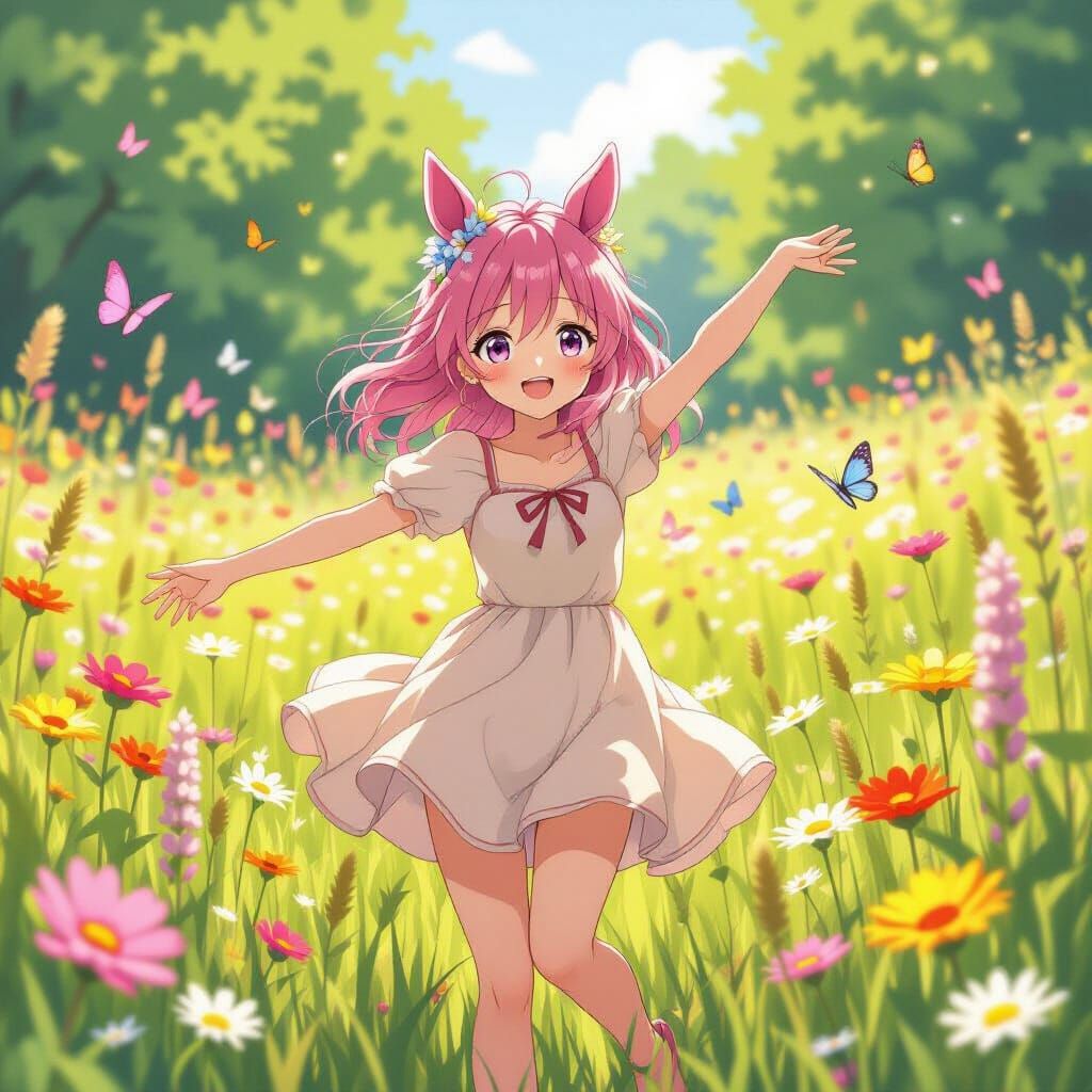 Anime Girl Dancing in Wildflower Meadow with Horse Ears