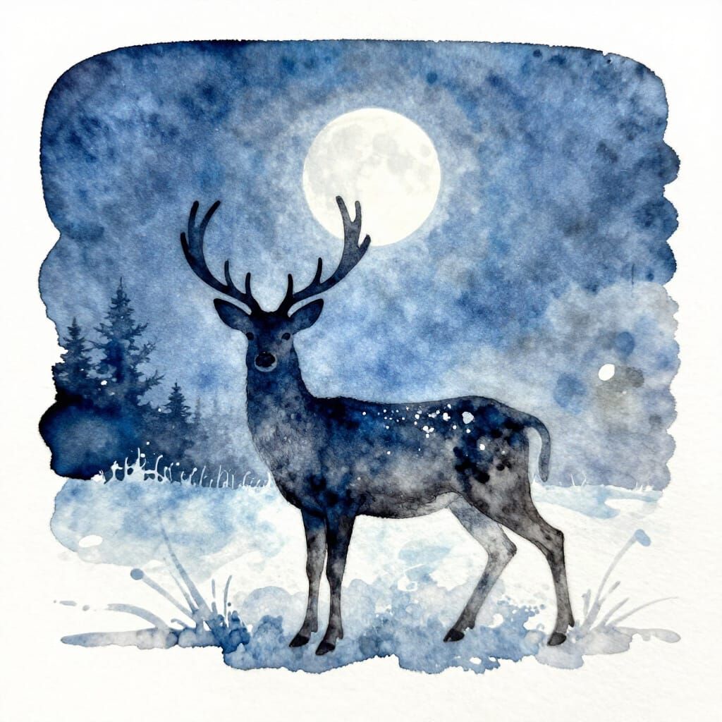 Ink-Bleed Stag in Winter Moonlight