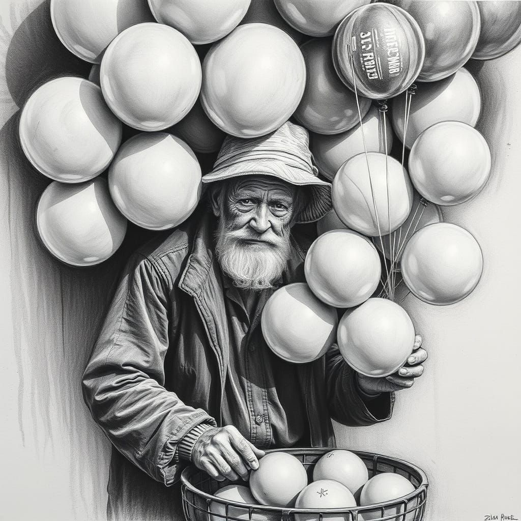 Detailed Charcoal Drawing of Balloon Seller