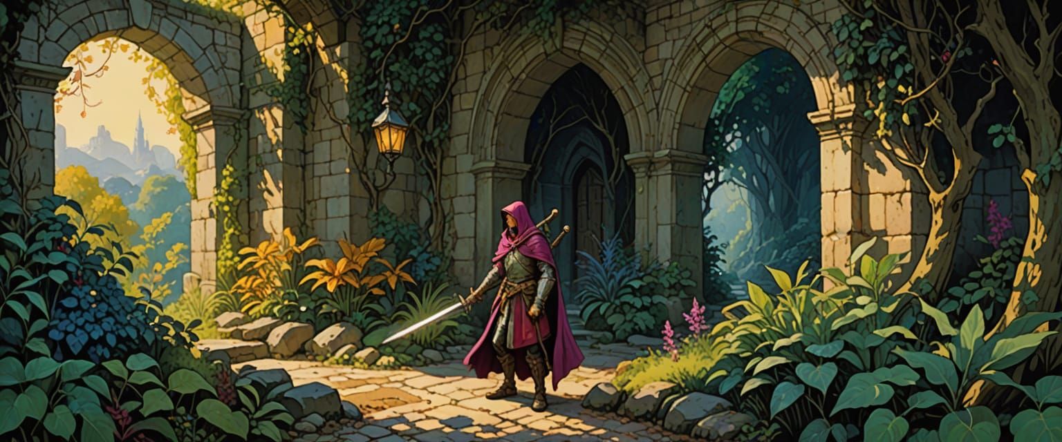 Adventurers at Dungeon Entrance in Watercolor Style