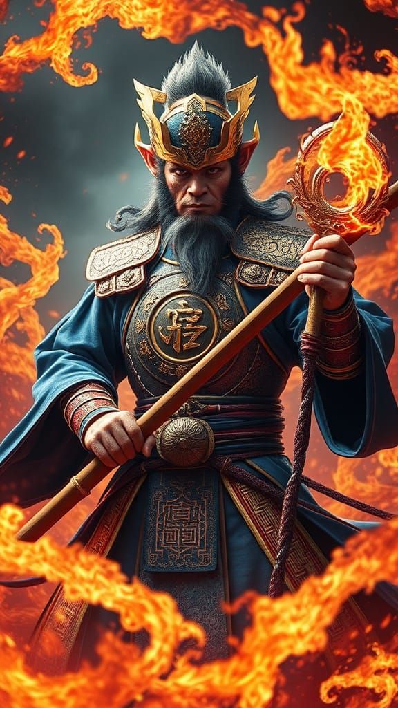 Majestic Monkey King Amidst Swirling Flames