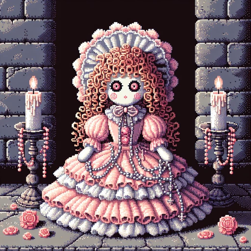 Pixelated Rag Doll Altar in PC-98 Style